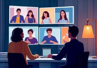 People collaborating remotely via video call on screens